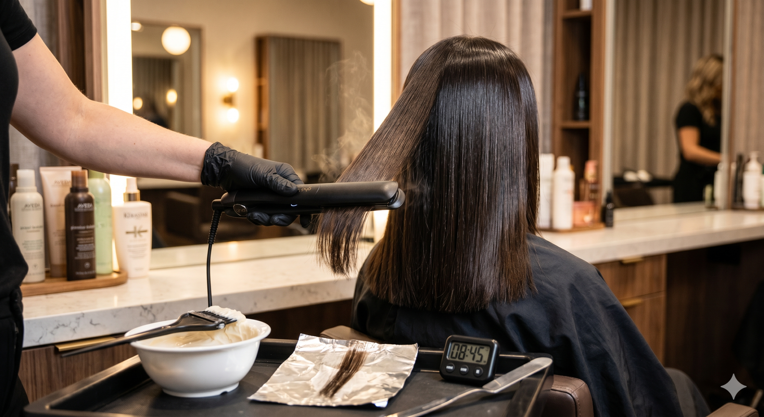 Stylist straightening hair in salon.